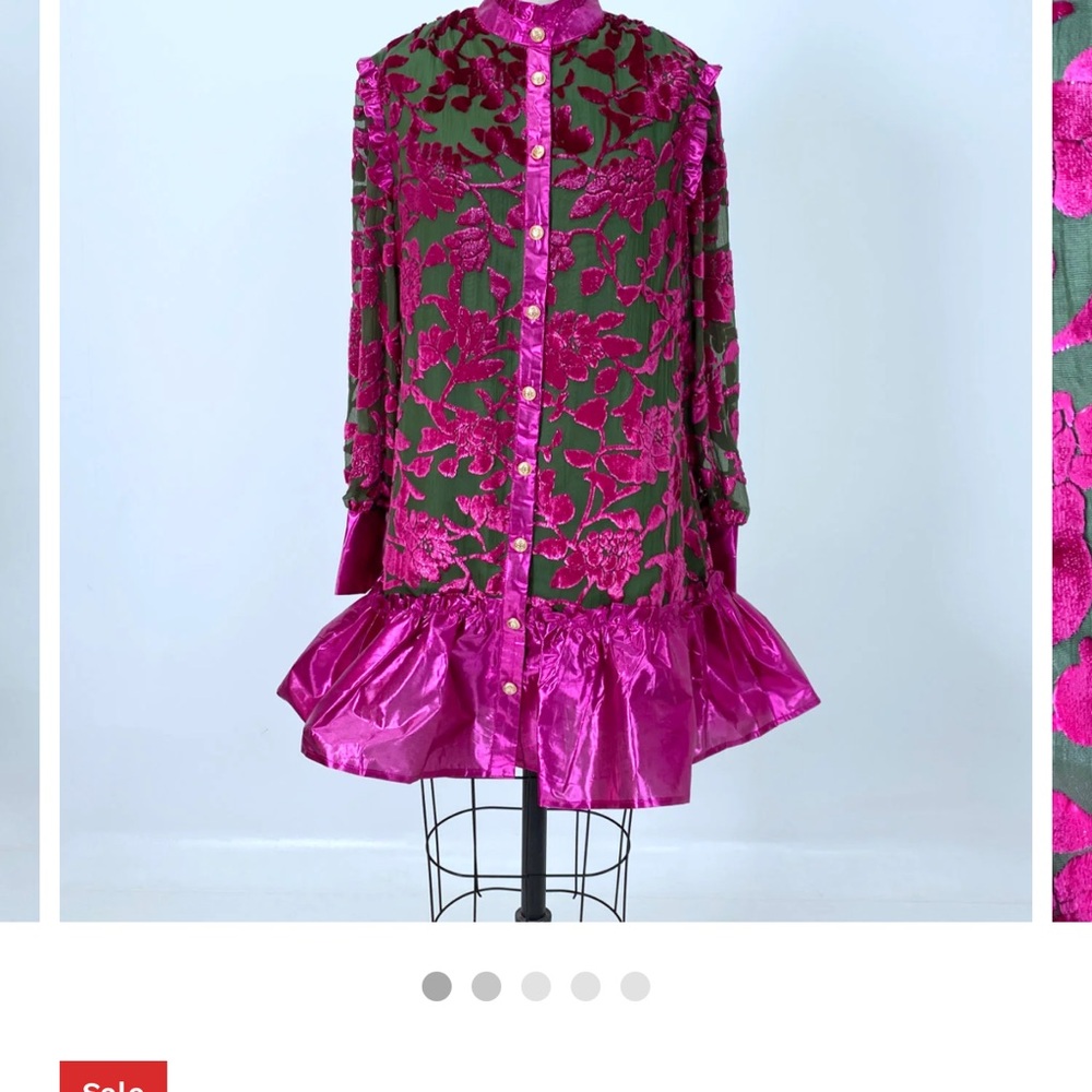 Green & Fuchsia Floral Velvet Button-Down Dress